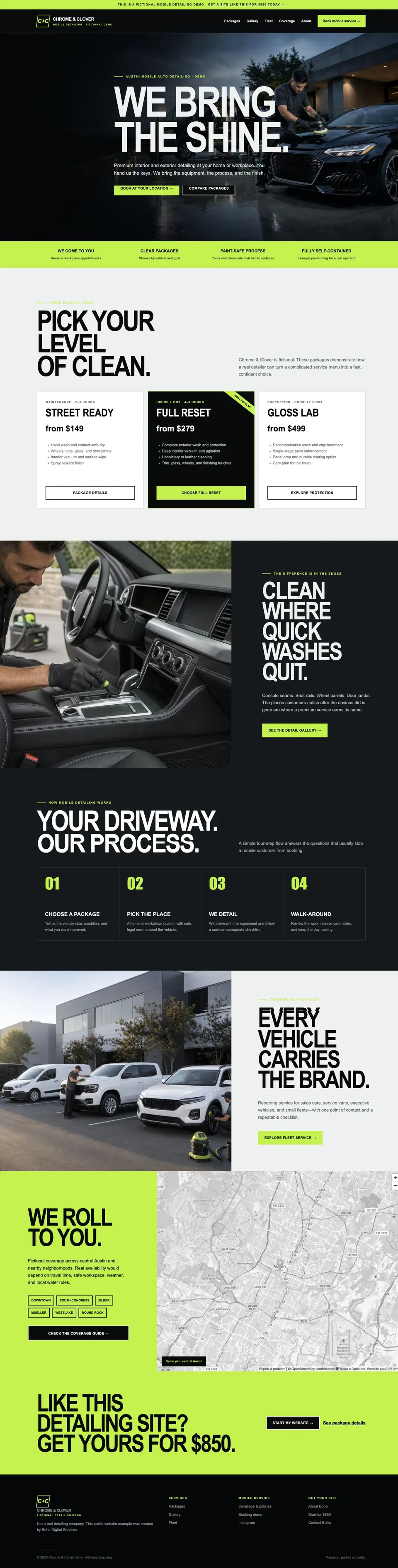 Full homepage preview of the Chrome and Clover mobile auto detailing website demo.