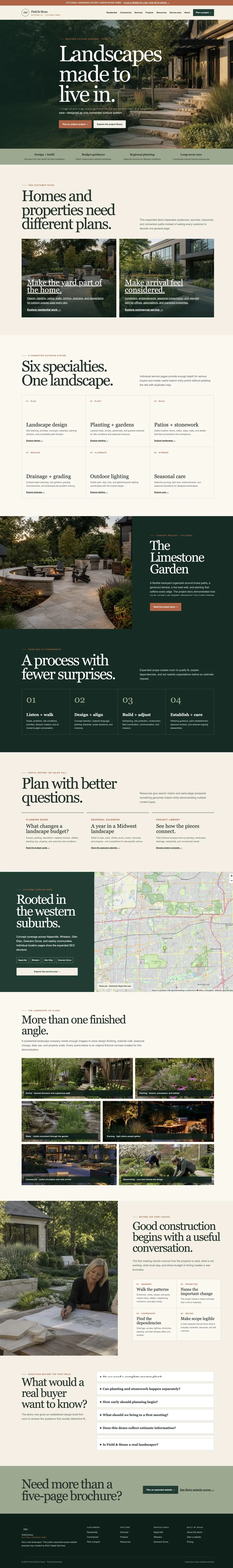 Full homepage preview of the Field and Stone expanded landscaping website demo.
