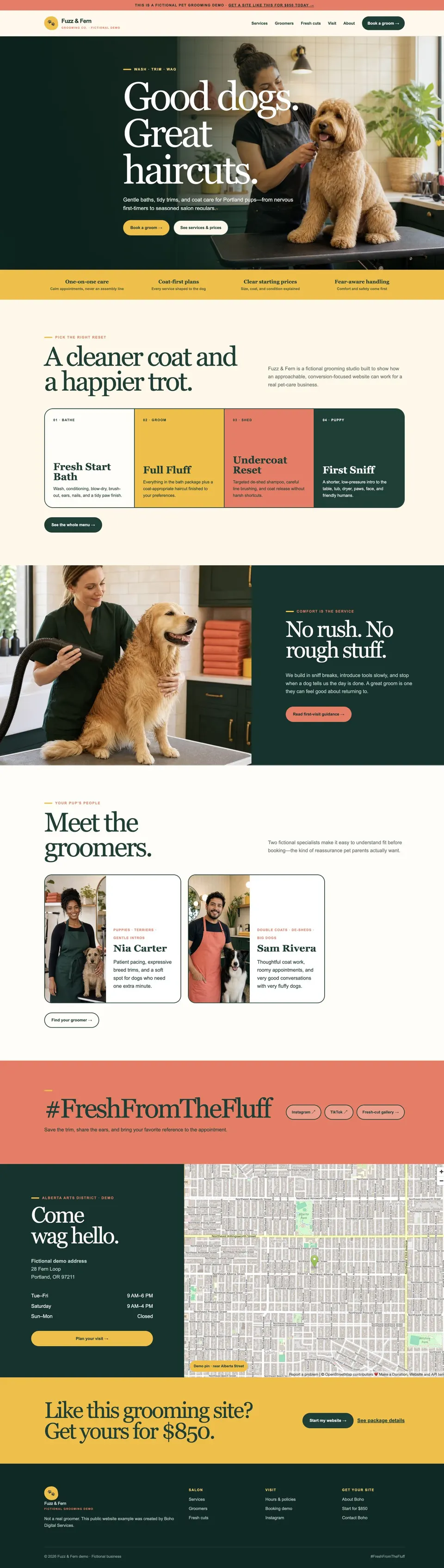 Full homepage preview of the Fuzz and Fern pet grooming website demo.