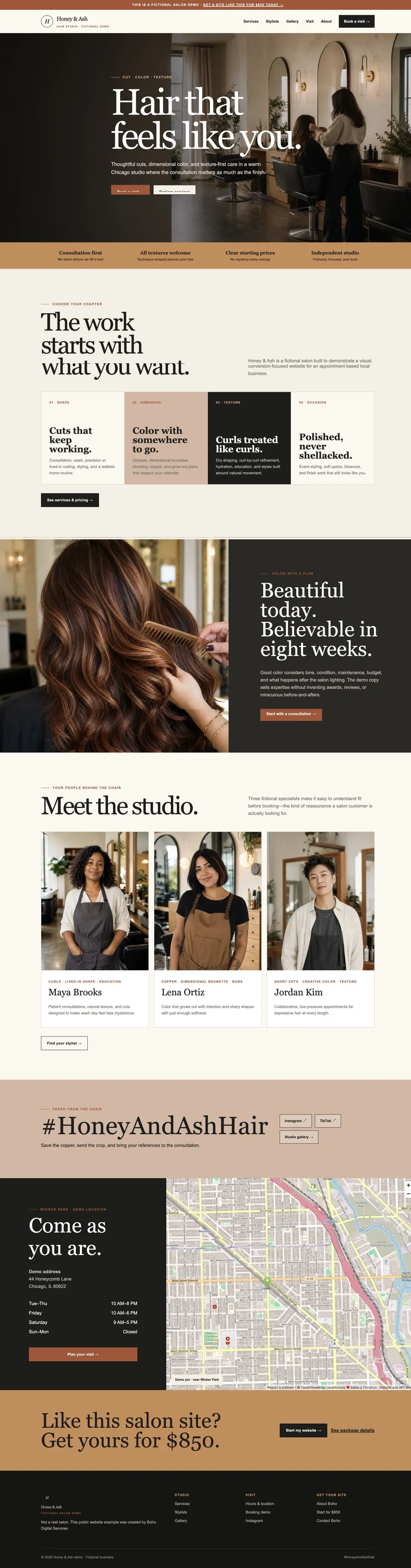 Full homepage preview of the Honey and Ash salon website demo.