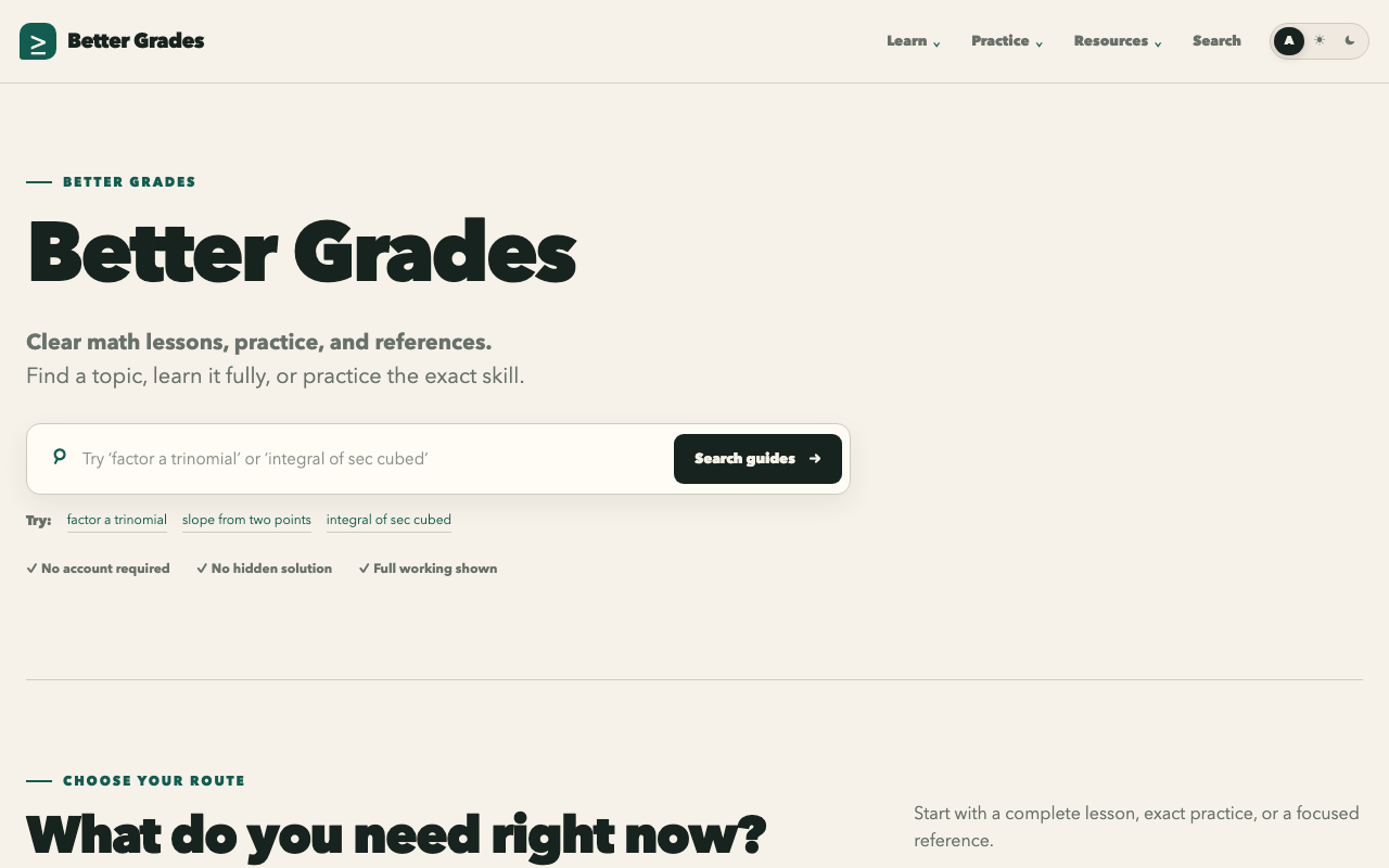 Better Grades homepage showing its math-help search interface and interactive learning content.