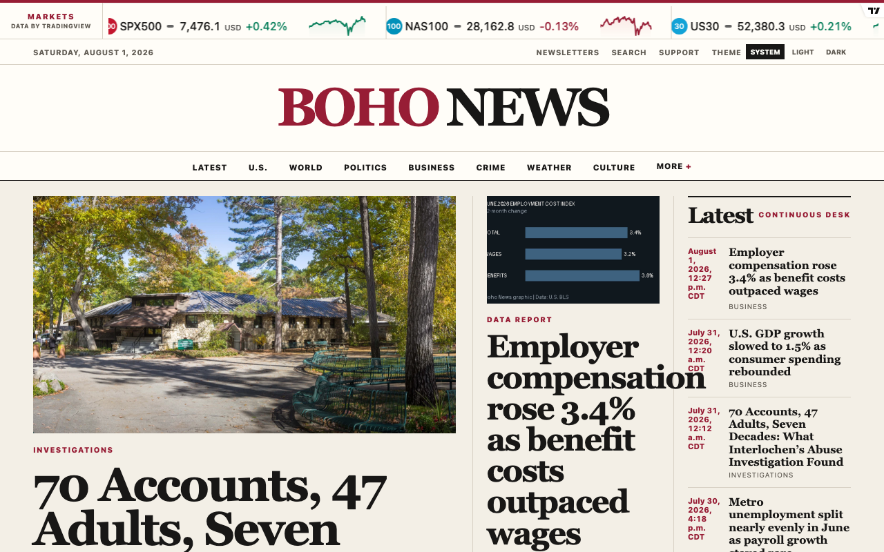 Boho News homepage showing its market desk, news masthead, lead investigation, data report, and continuous latest-news desk.