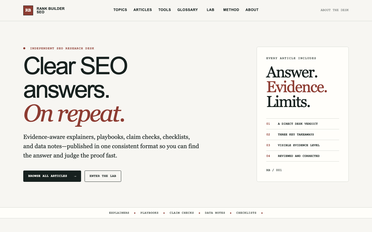 Rank Builder SEO homepage showing its independent SEO research desk masthead and editorial hero.